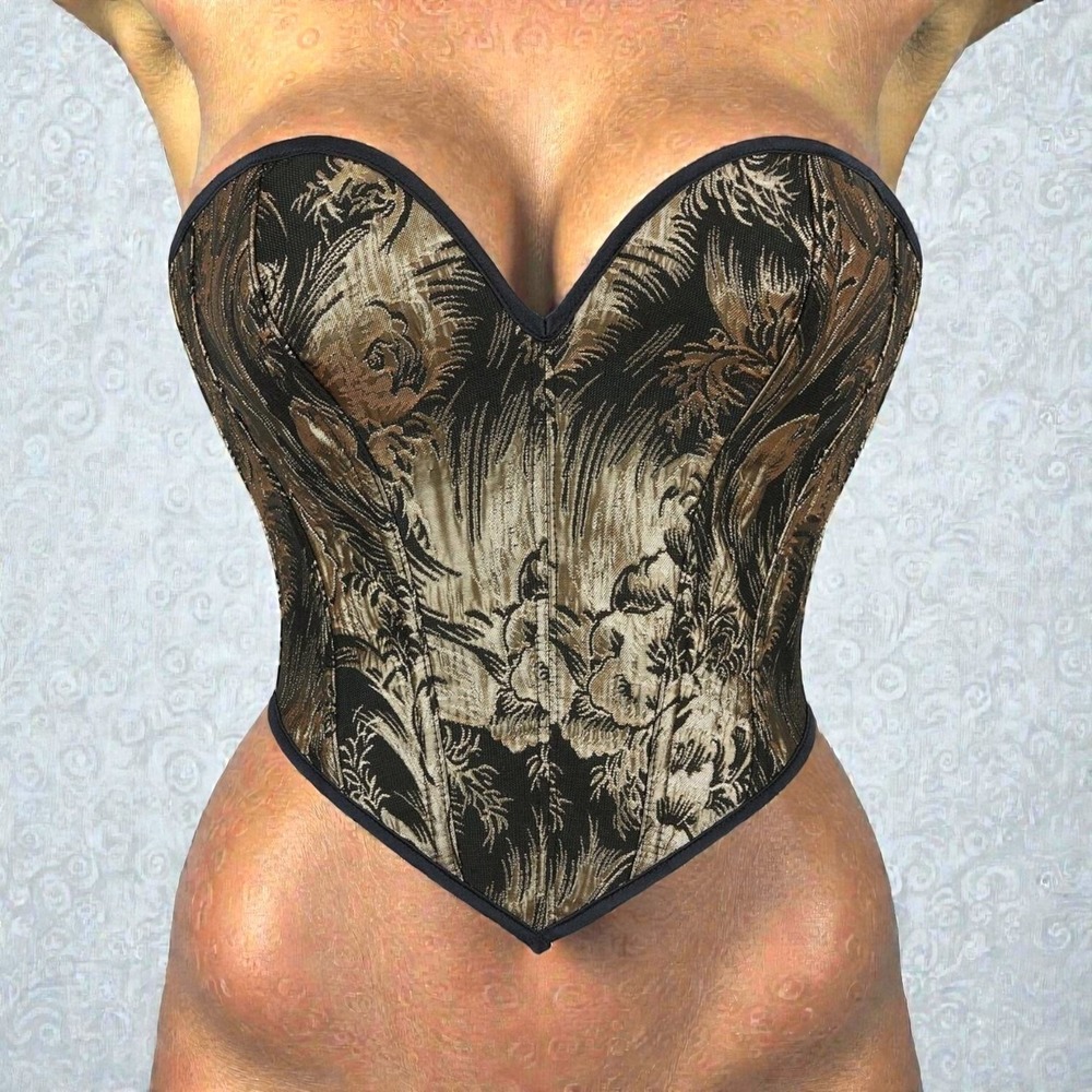 Medium Black Gold Metallic Jacquard Lace‎ Up Sweetheart Corset Bustier Regency
